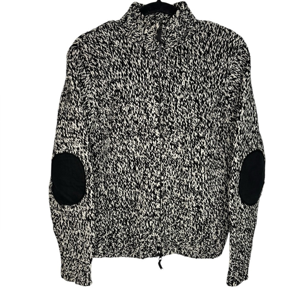 Marsh Landing Sweater Petite Large  Black White Mock Neck full Zip Elbow Patch